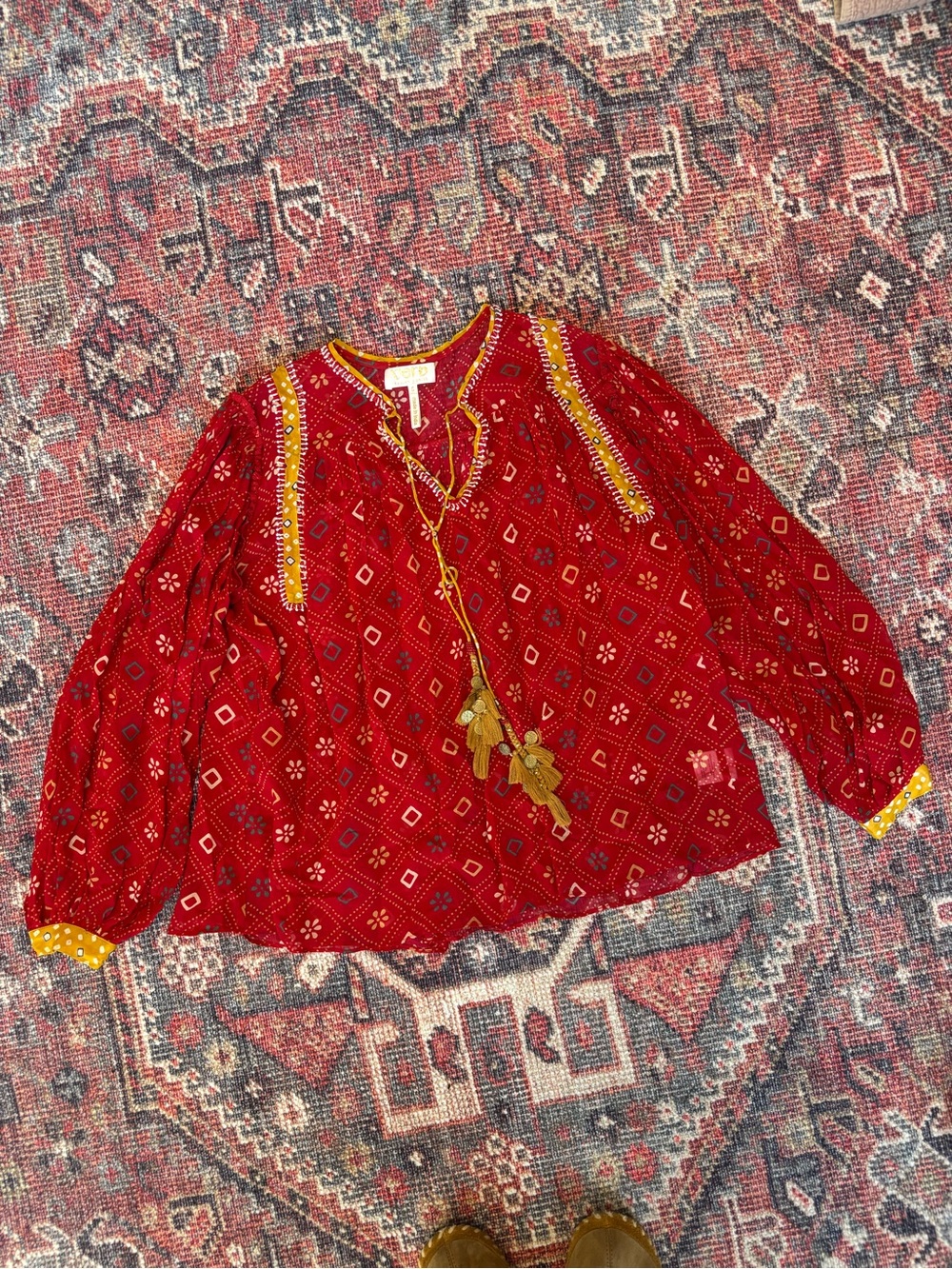 Verb Anthropologie Red Printed Peasant Blouse with Tassel Detail